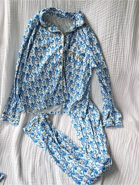 Blue and White Monkey Print Pajama Set Polyester